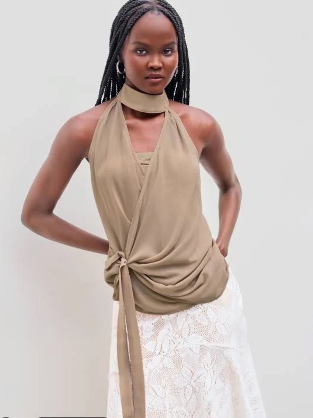 Cider Taupe Halter Tie-Waist Chiffon Camisole